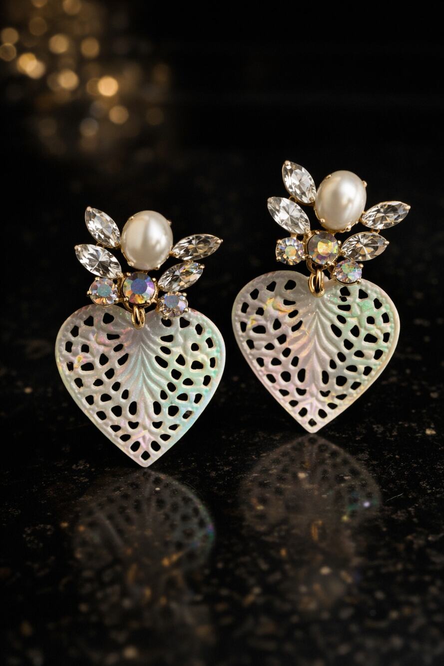 G by Gennaro Heart Pearl Drop Earrings Iridescent Rhinestone Statement NWT